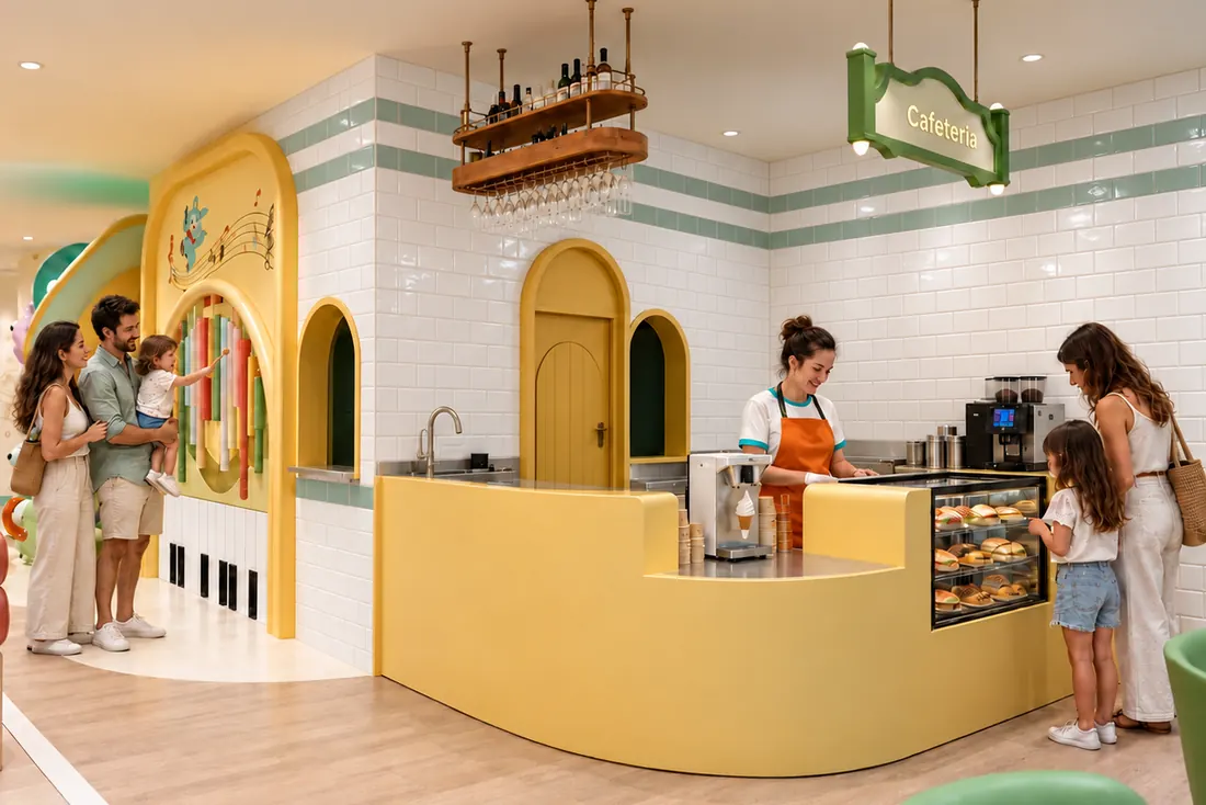La cafetería de Nanaland: barra con café, bocadillos y helados, junto al muro musical y la zona de juego
